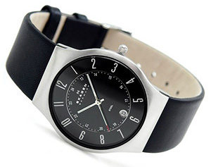 Skagen Black Leather and Steel Watch